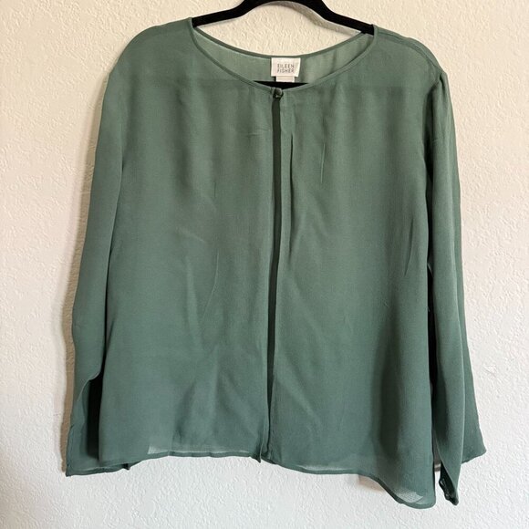 Eileen Fisher System Women's Sheer SZ Large Silk Blouse jacket Open Front Glam - Picture 10 of 14